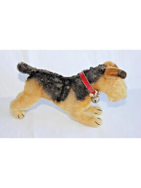Vintage Steiff Mohair Terry Airedale Terrier 9 in Long Tan Black with Red Collar